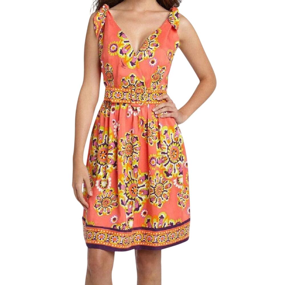 Trina Turk Colorful Coral Print 100% Silk Sleeveless Belted Fit & Flare Dress